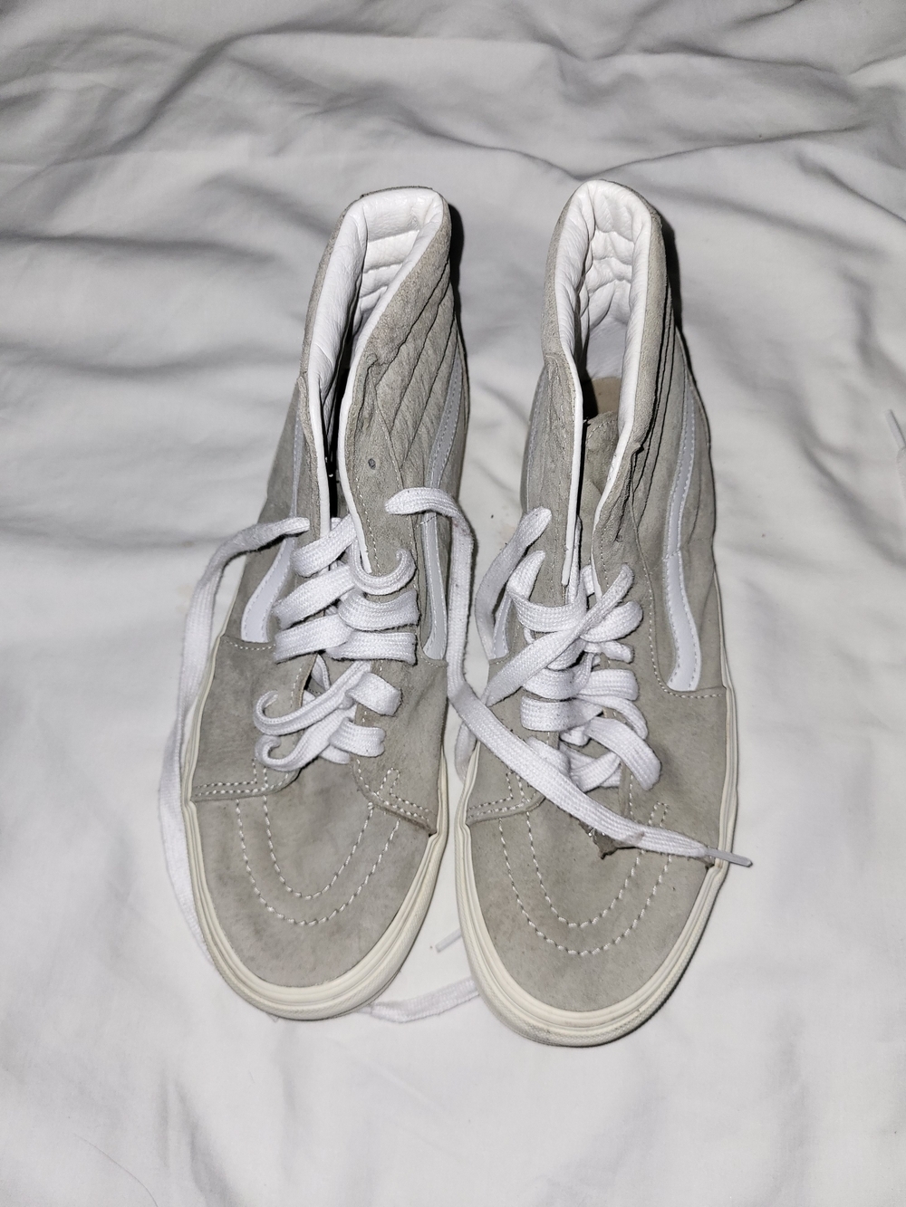 Gray High-Top Vans Suede Sneakers with White Stripe